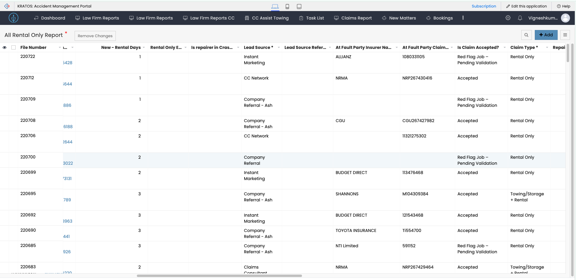 All Rental Only Report — File Number, New - Rental Days, Lead Source, At Fault Party Insurer, Claim Type