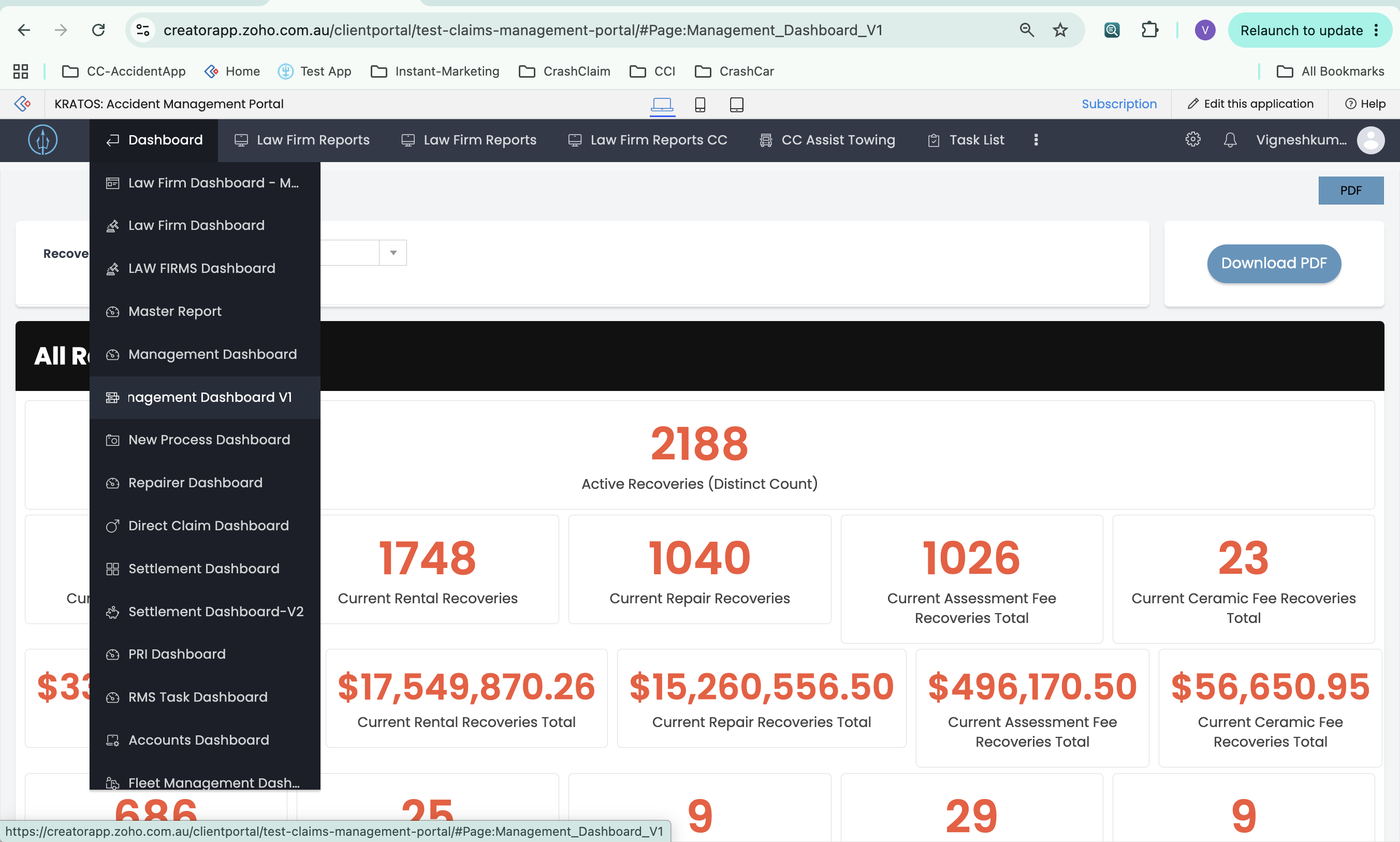 Management Dashboard V1 location in the Dashboards menu