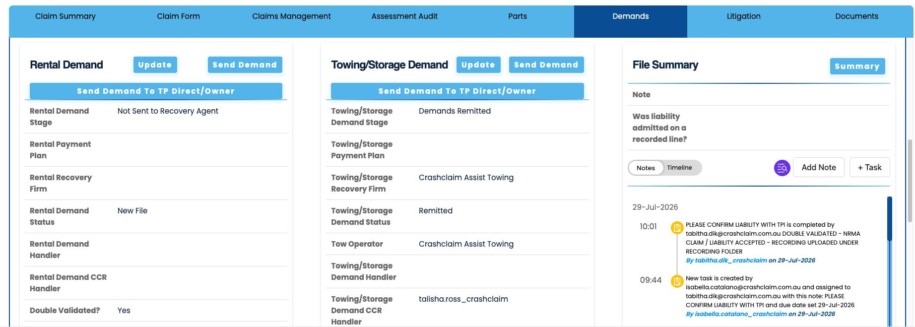 Claim Dhtml — Demands section, Rental Demand and Towing/Storage Demand boxes