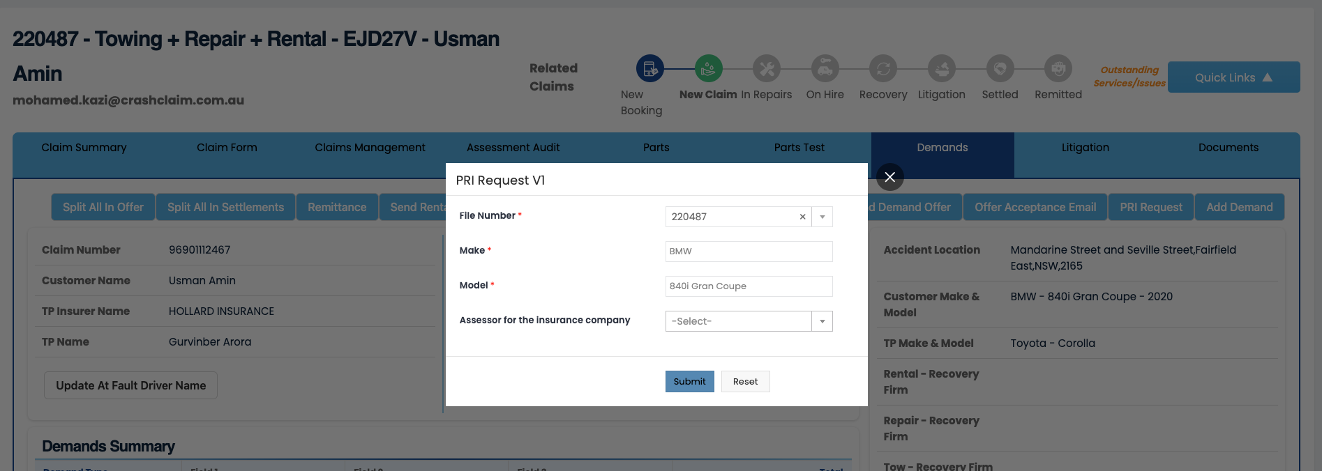 PRI Request form opened from the Demands tab