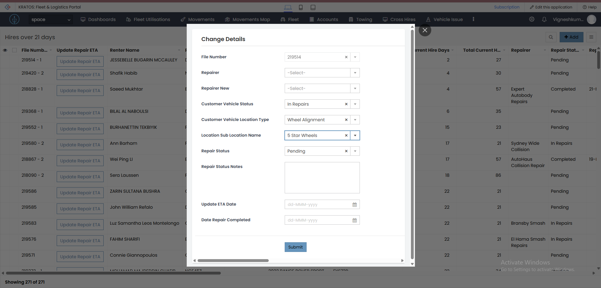 Hire Over 21 Days report — with Update Repair ETA button