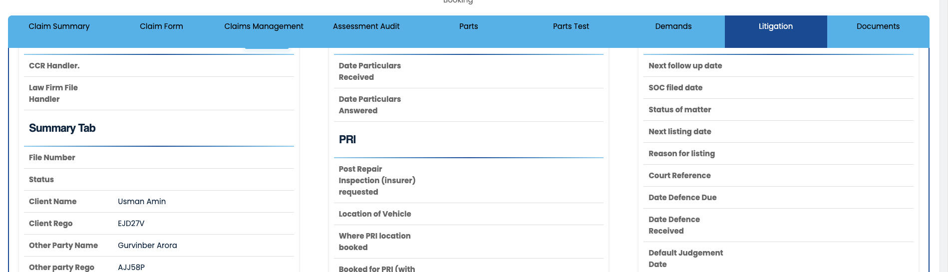 PRI section in the Litigation tab