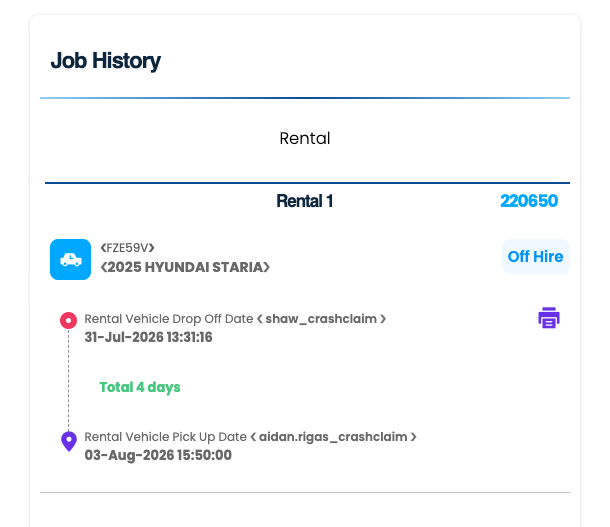 Job History — Rental tab showing Drop Off / Pick Up dates and Total days