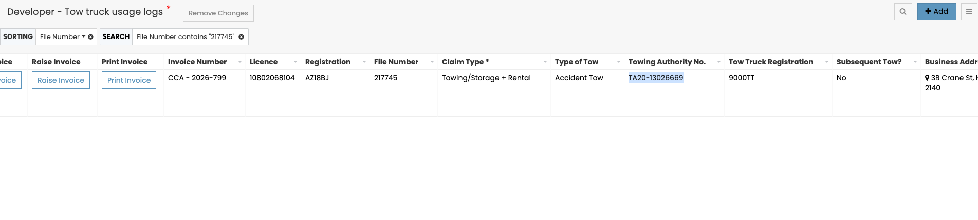 Tow Truck Usage Log - Single Line field