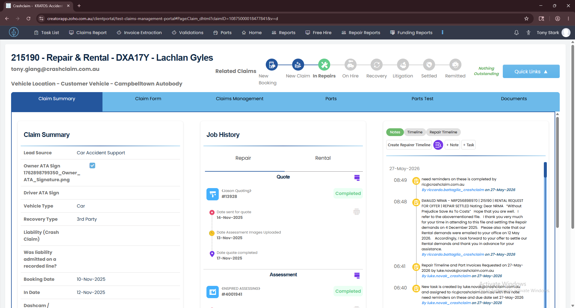 Assessment and Demands tabs removed for Parts roles