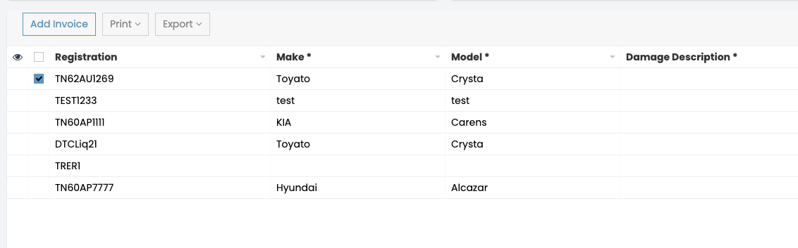 Completed – Not Invoiced - Wheel Alignment Report — Add Invoice button, shown when rows are selected