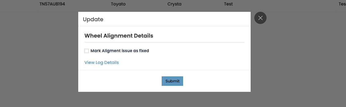Wheel Alignment Report — Update dialog, Wheel Alignment Details section