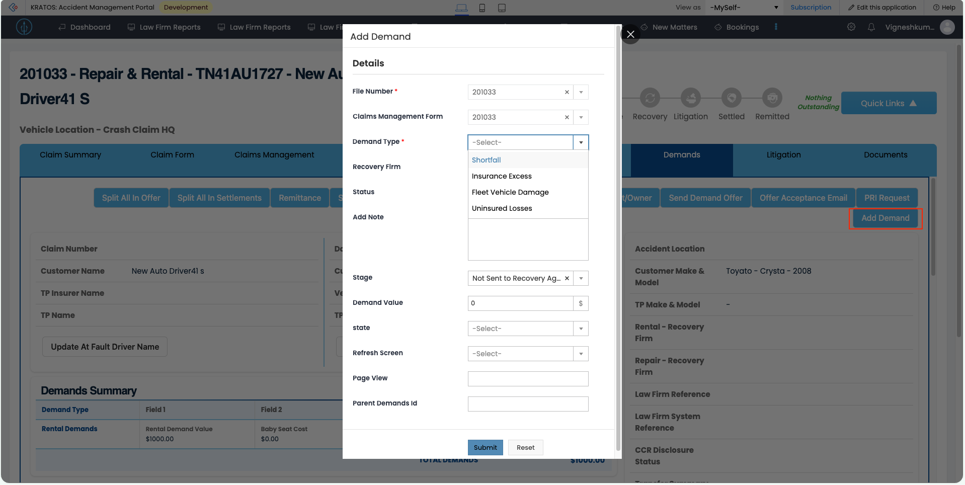 Add Demand form, opened from the claim's Demands tab